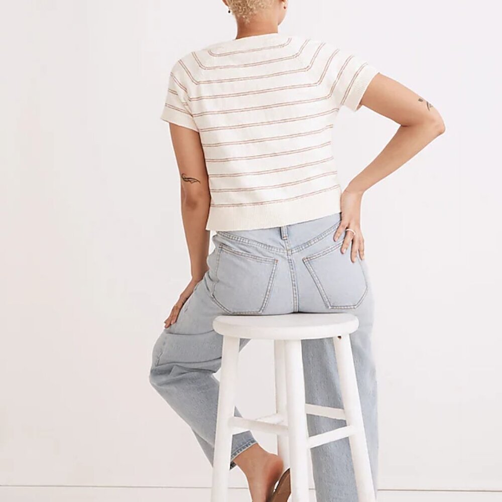 Madewell White Scoop Sweater Tee with Brown Stripes, Size Small - Picture 3 of 8